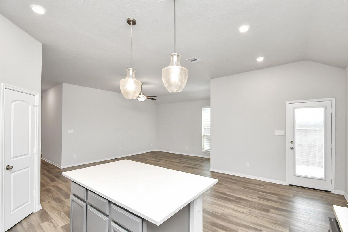 Empty room, Interior, Pendant Lights, Recessed Lighting, Wood Texture Flooring