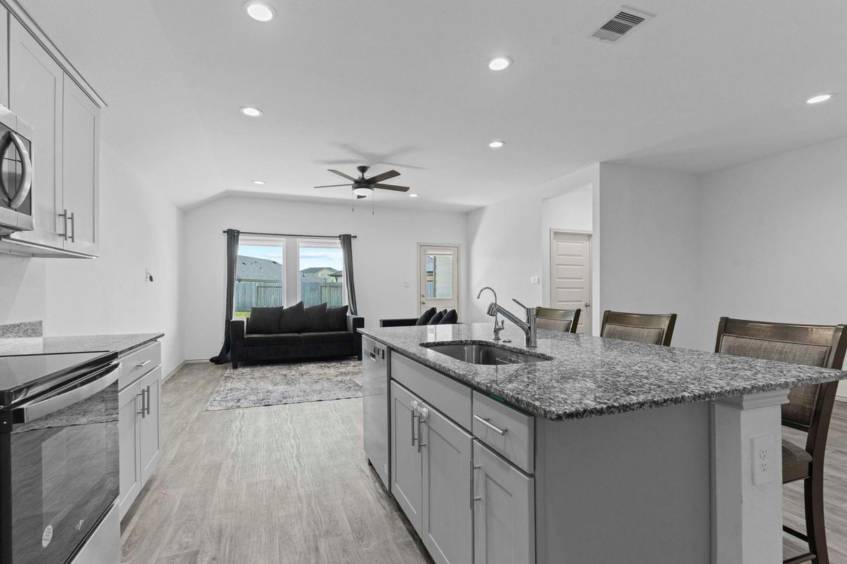 Interior, Kitchen, Living room, Recessed Lighting, Wood Texture Flooring