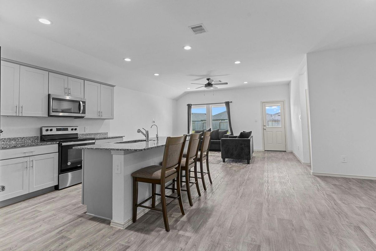 Interior, Kitchen, Living room, Recessed Lighting, Stainless Steel Appliances, Wood Texture Flooring