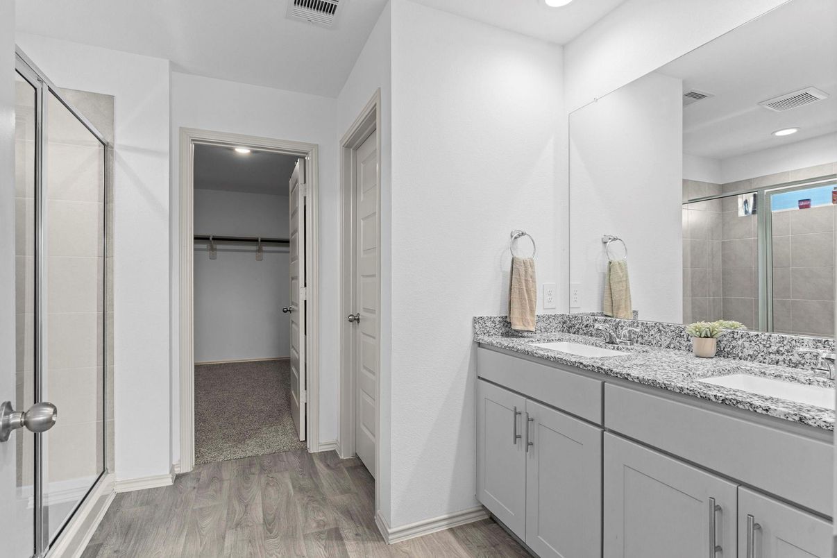 Bathroom, Interior, Recessed Lighting, Walk-in Closets, Wood Texture Flooring