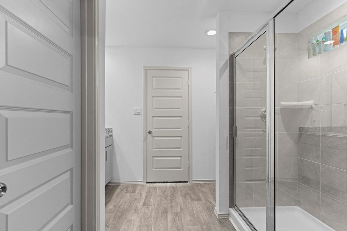 Bathroom, Glass Shower, Interior, Recessed Lighting, Wood Texture Flooring