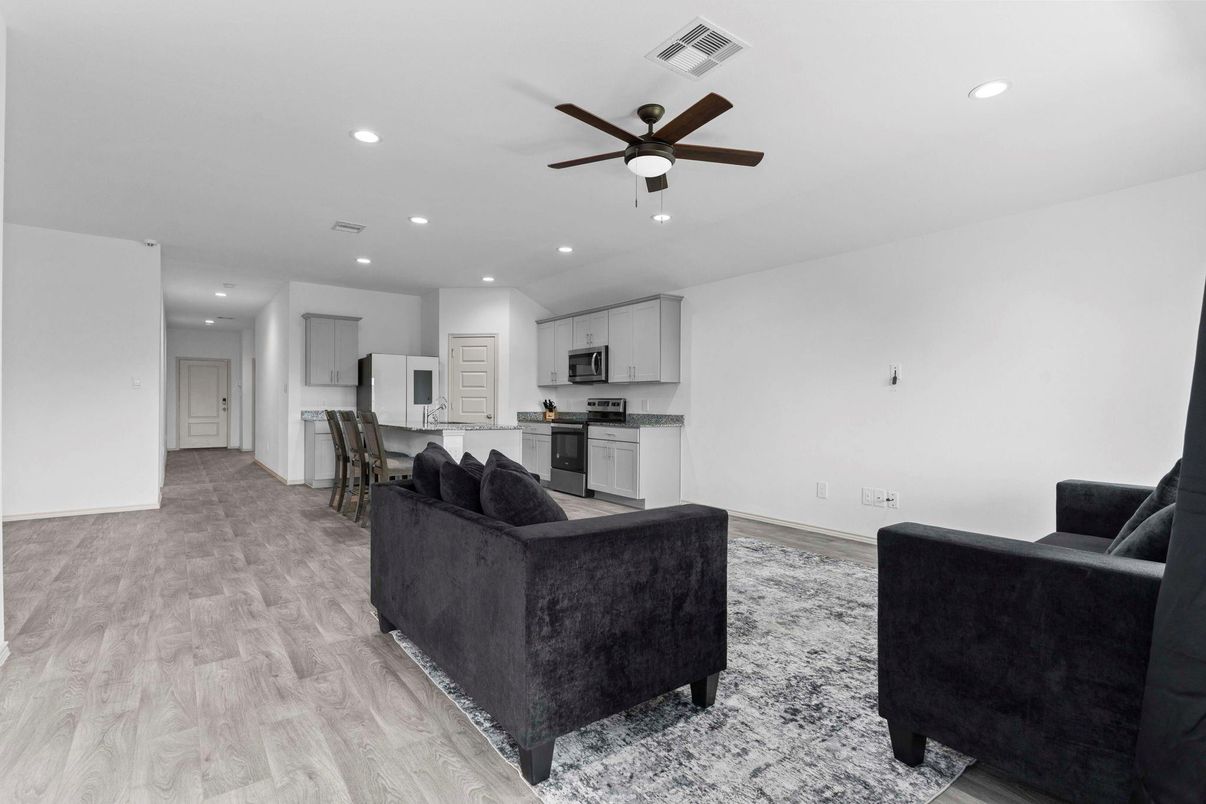 Interior, Kitchen, Living room, Recessed Lighting, Wood Texture Flooring