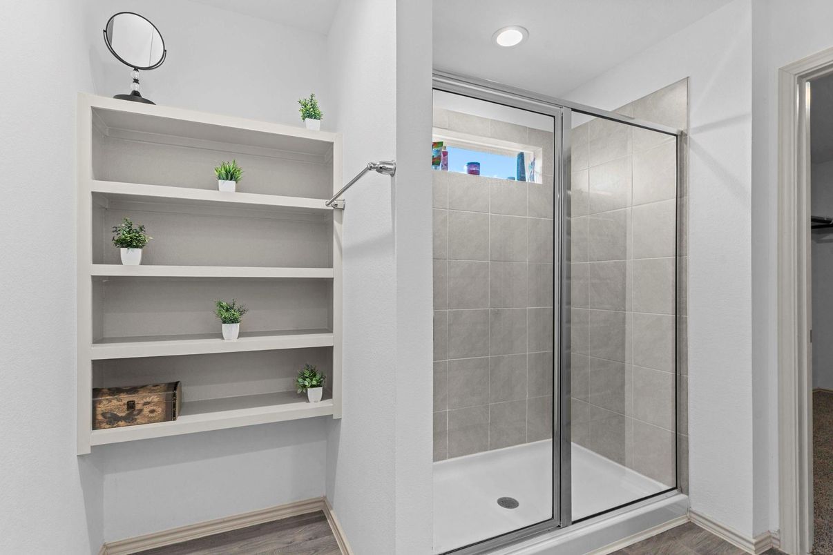 Bathroom, Glass Shower, Interior, Recessed Lighting, Wood Texture Flooring