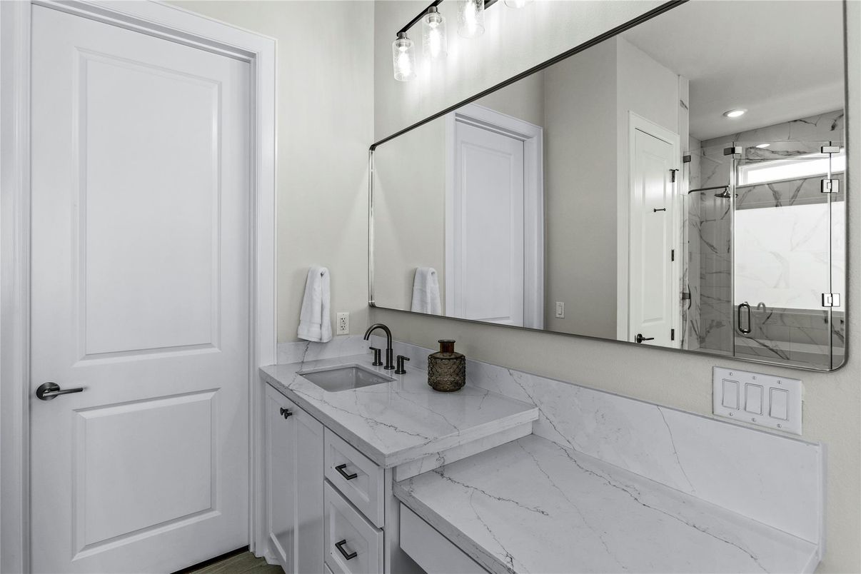 Bathroom, Glass Shower, Interior, Marble Walls, Recessed Lighting