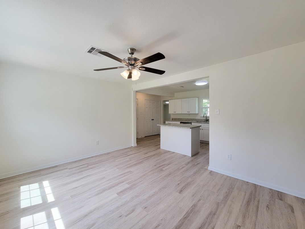 Empty room, Interior, Kitchen, Recessed Lighting, Wood Texture Flooring