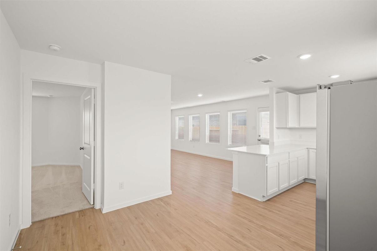 Empty room, Interior, Kitchen, Recessed Lighting, Wood Texture Flooring