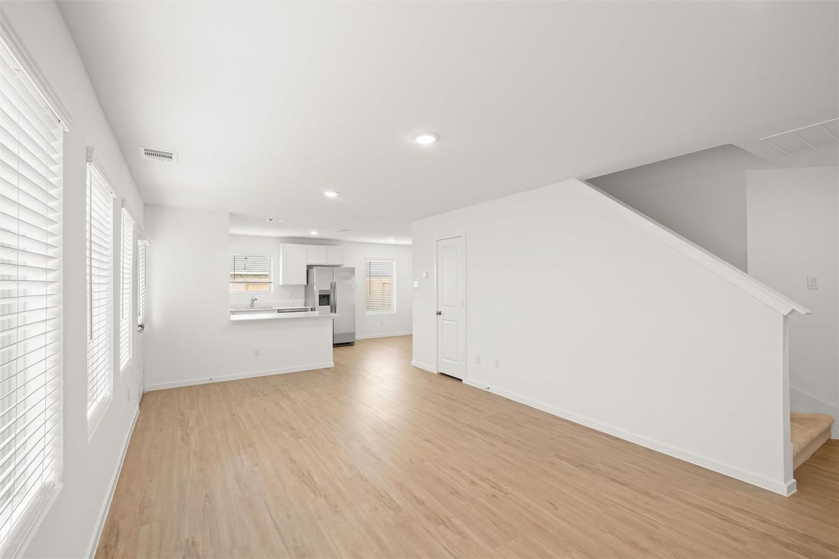 Empty room, Interior, Kitchen, Recessed Lighting, Wood Texture Flooring