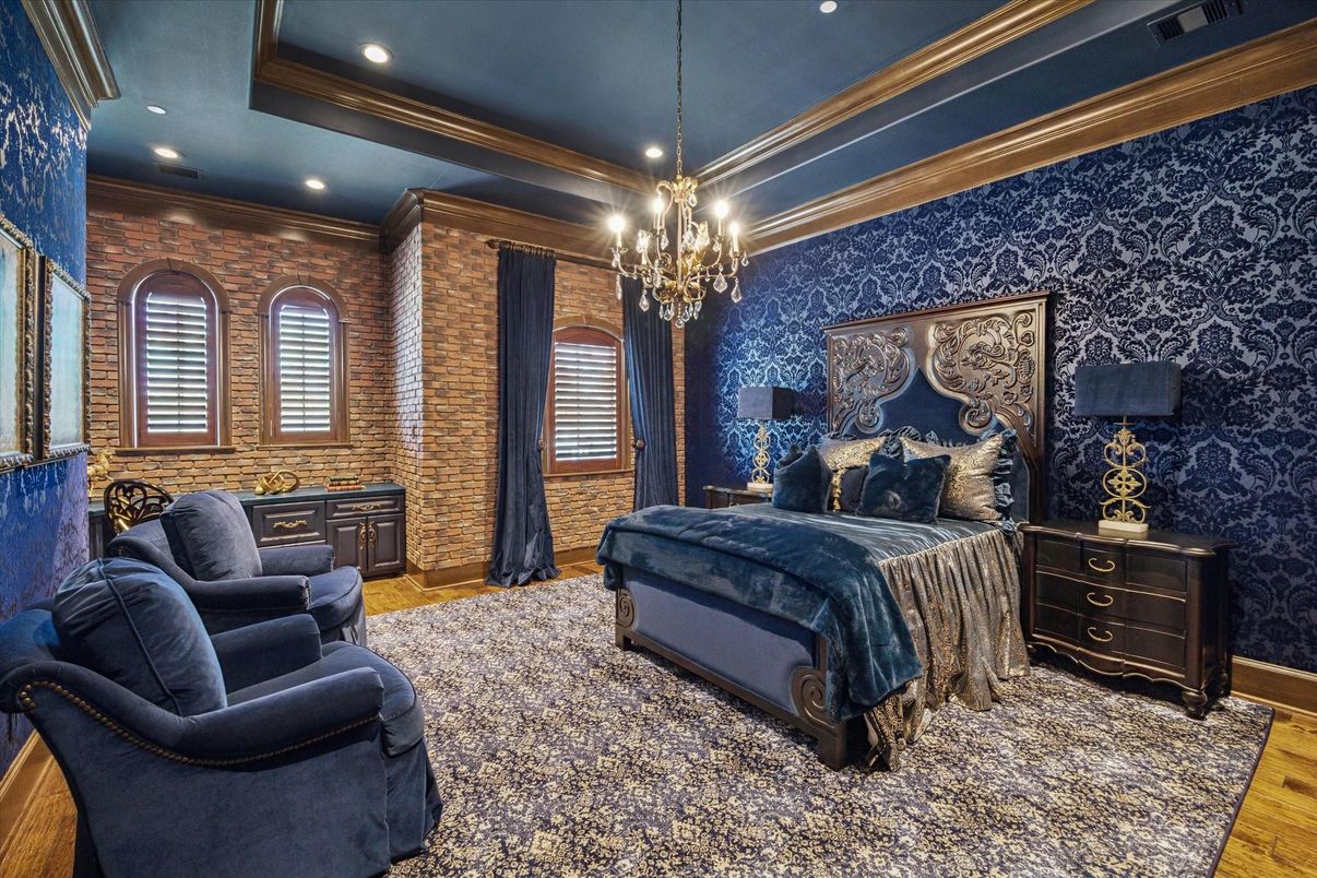 Bedroom, Chandelier, Interior, Recessed Lighting, Stone Walls, Wood Texture Flooring