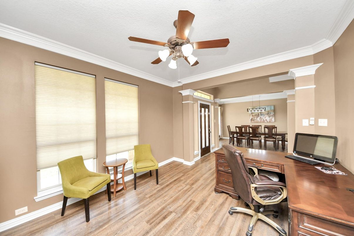 Home Office, Interior, Pendant Lights, Wood Texture Flooring
