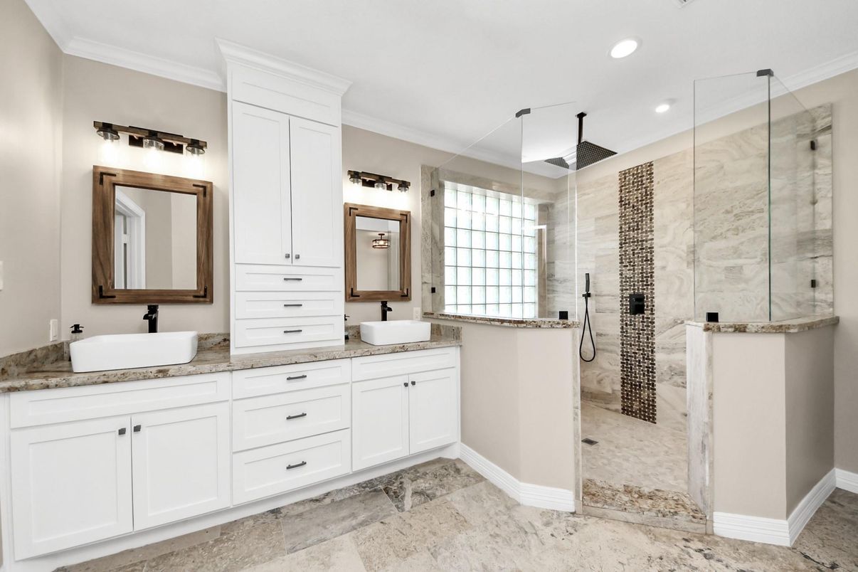 Bathroom, Dual Sink Vanities, Glass Shower, Interior, Recessed Lighting