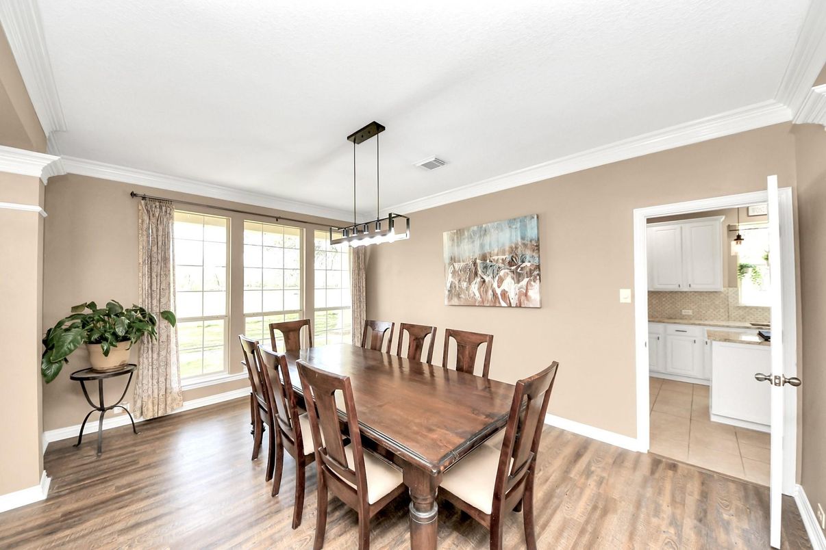 Dining room, Interior, Pendant Lights, Wood Texture Flooring