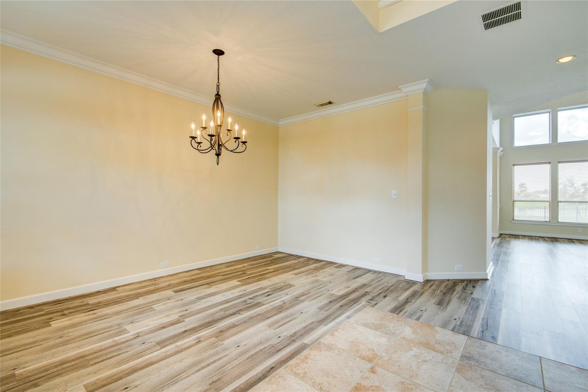 Chandelier, Empty room, Interior, Recessed Lighting, Wood Texture Flooring