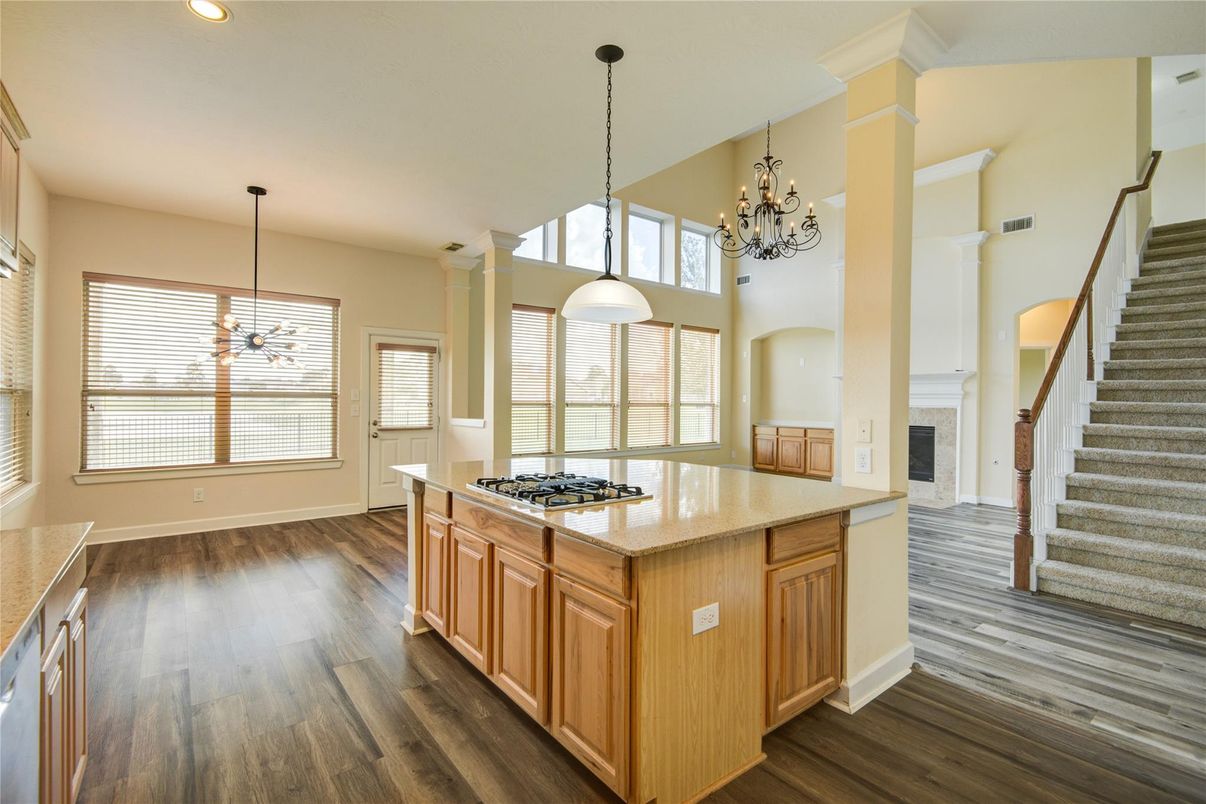 Chandelier, Interior, Kitchen, Pendant Lights, Recessed Lighting, Wood Texture Flooring