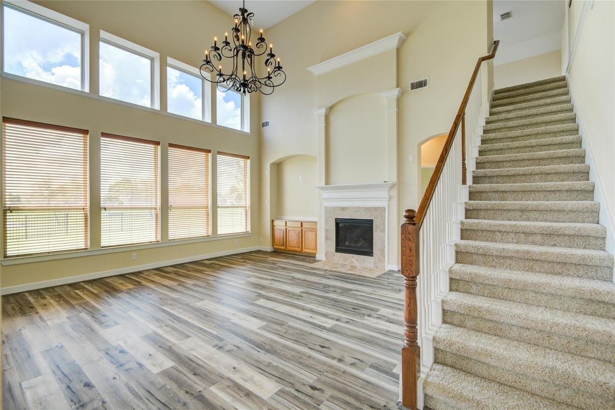Chandelier, Fireplace, Interior, Wood Texture Flooring