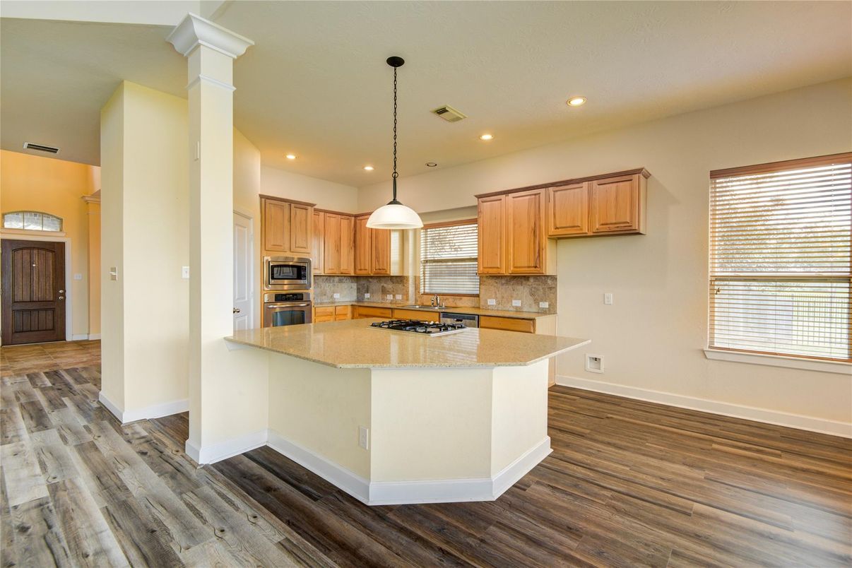 Interior, Kitchen, Pendant Lights, Recessed Lighting, Stainless Steel Appliances, Wood Texture Flooring