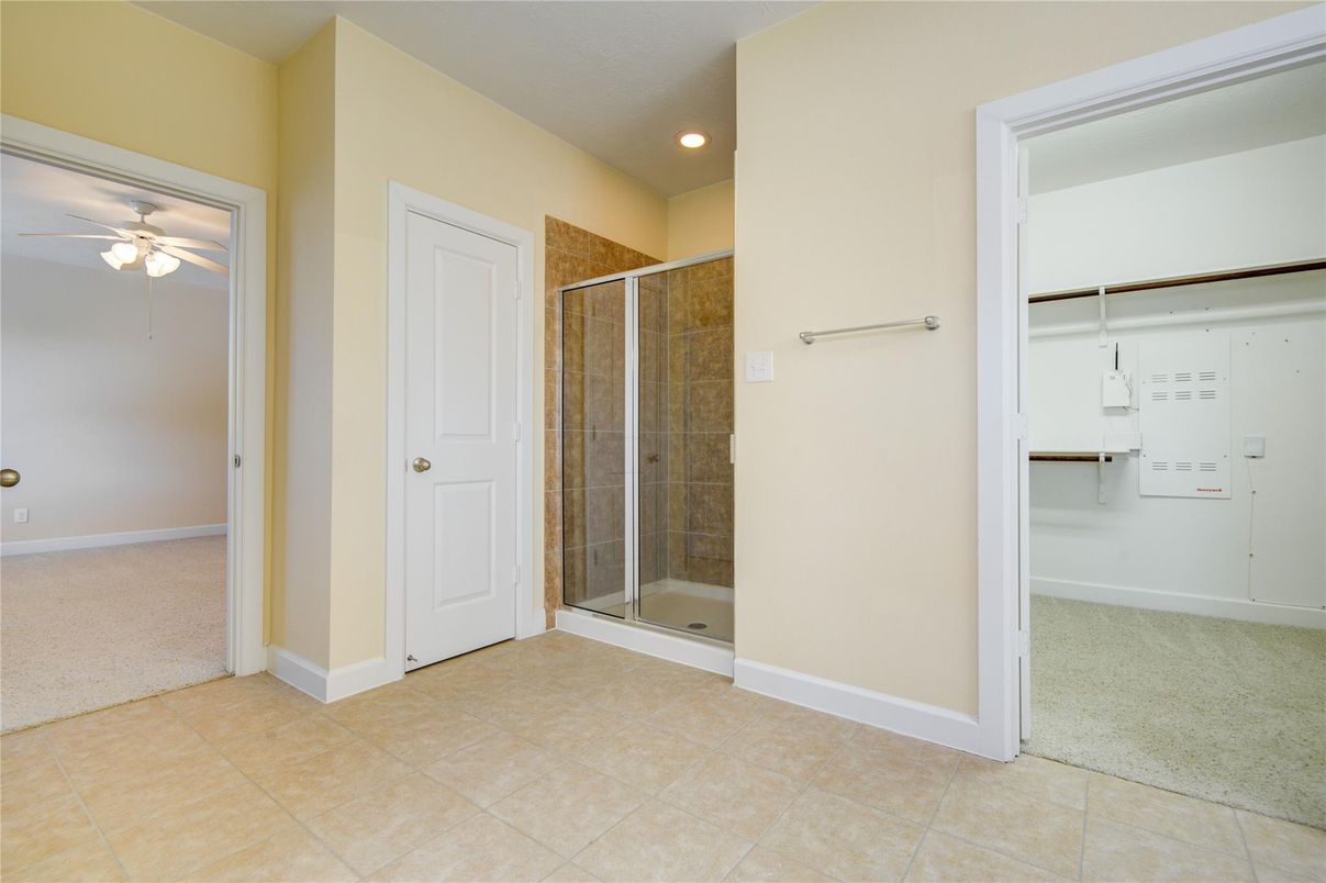 Bathroom, Empty room, Glass Shower, Interior, Recessed Lighting