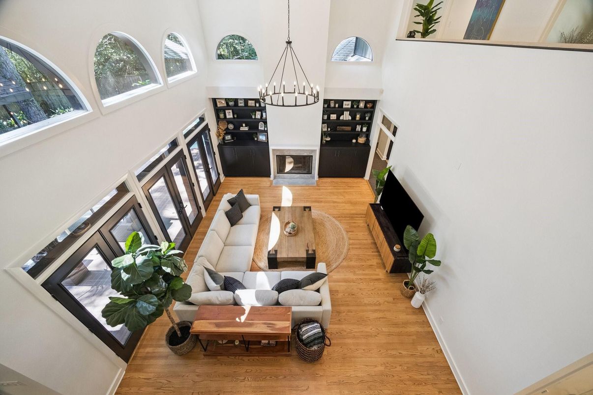 Fireplace, Interior, Living room, Pendant Lights, Wood Texture Flooring