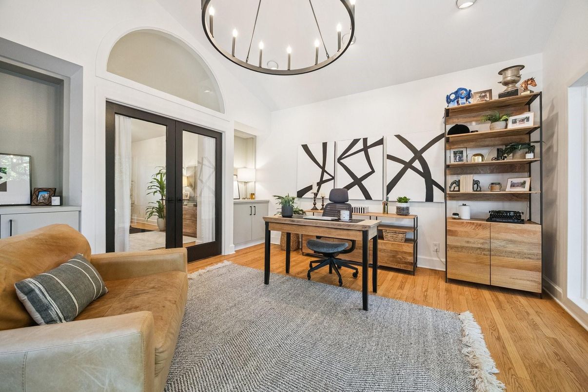 Chandelier, Home Office, Interior, Pendant Lights, Recessed Lighting, Wood Texture Flooring