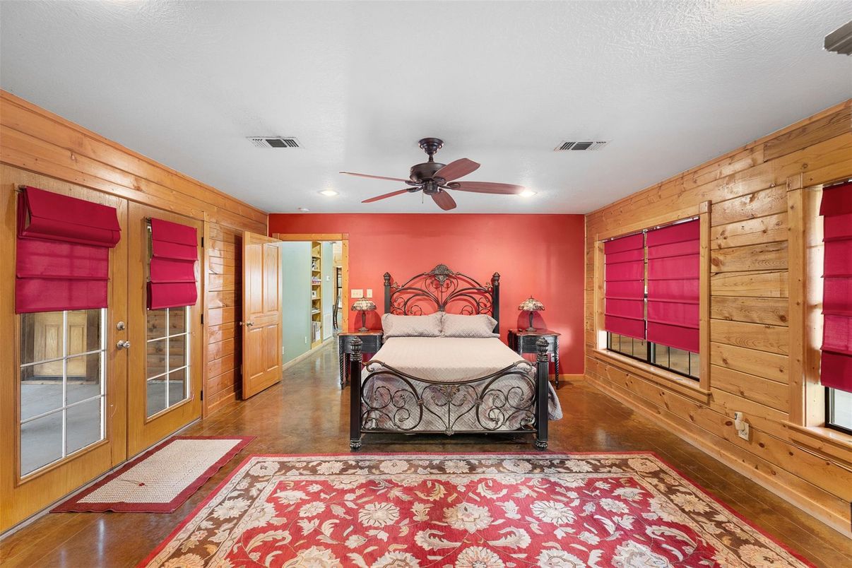 Bedroom, Interior, Recessed Lighting, Wood Texture Flooring, Wooden Walls