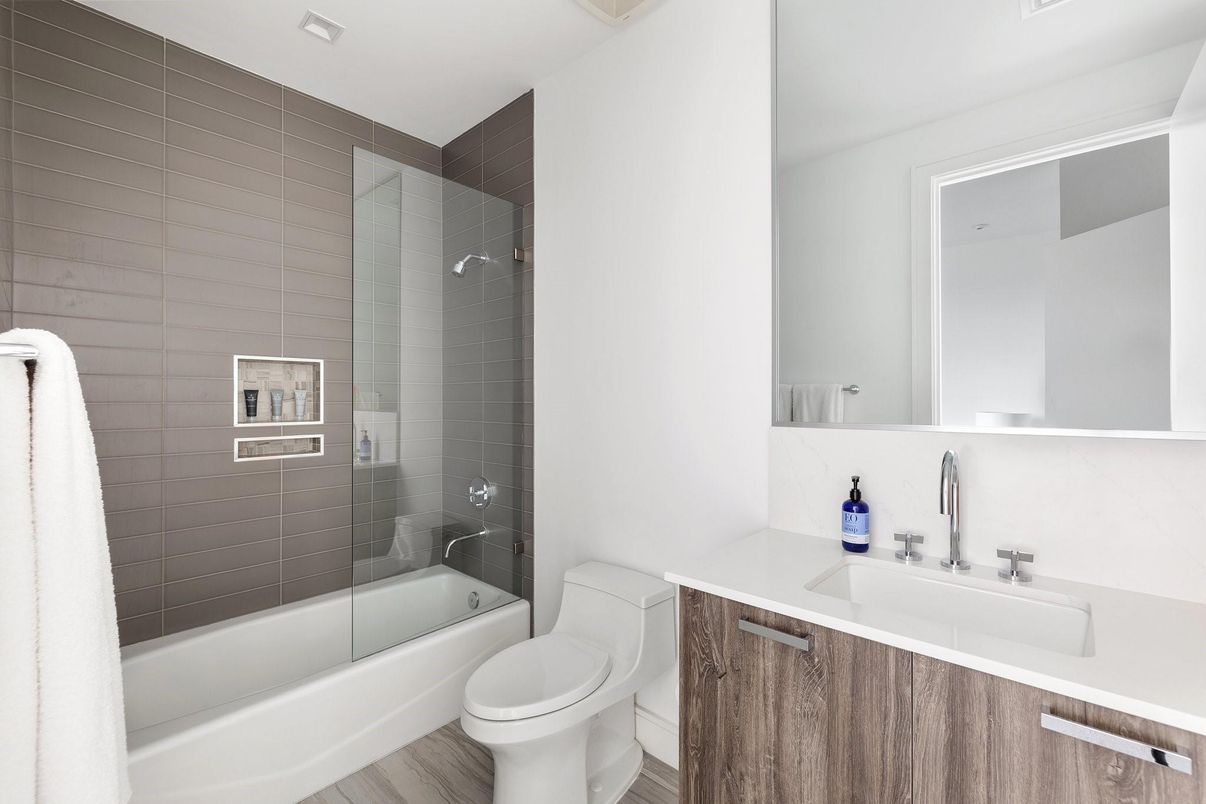 Bathroom, Glass Shower, Interior, Wood Texture Flooring