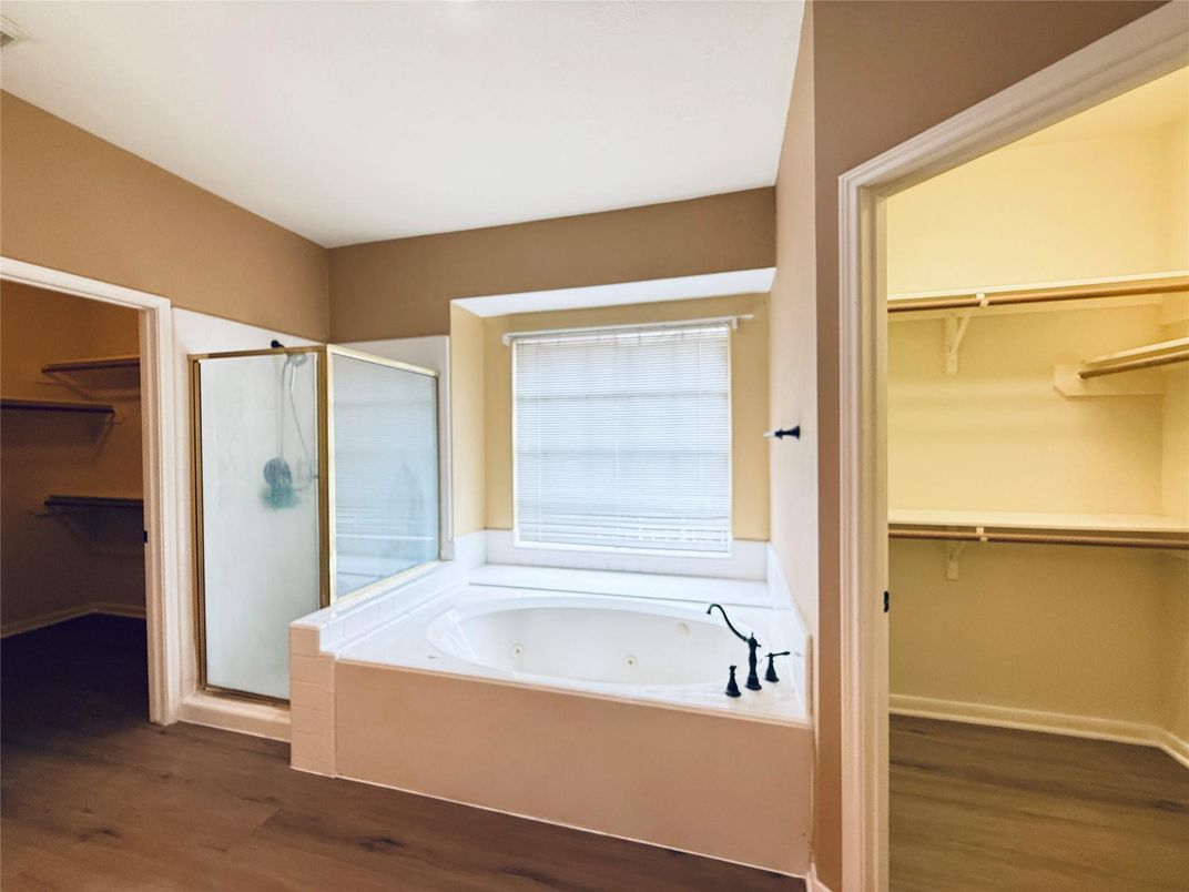 Bathroom, Glass Shower, Interior, Walk-in Closets, Wood Texture Flooring
