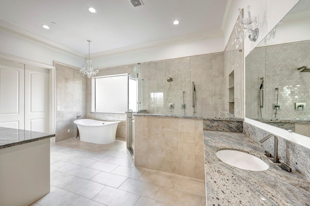 Bathroom, Chandelier, Dual Sink Vanities, Free Standing Baths, Glass Shower, Interior, Recessed Lighting