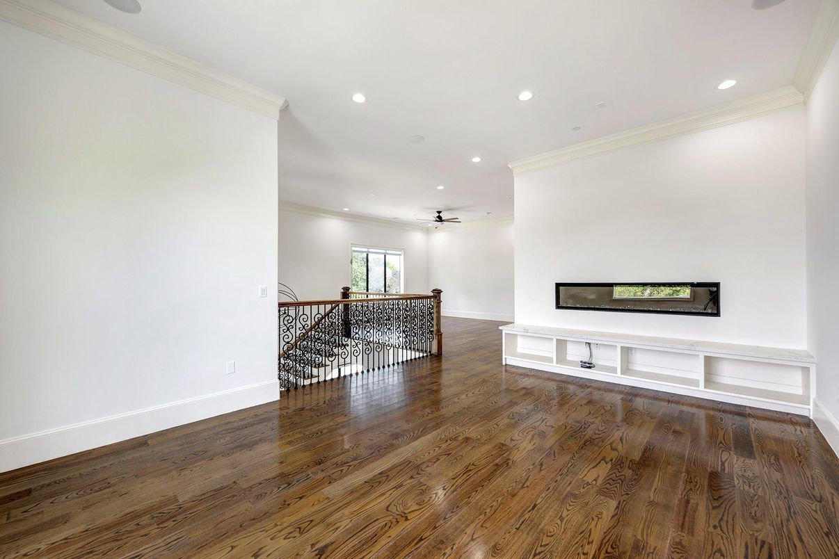 Empty room, Fireplace, Interior, Recessed Lighting, Wood Texture Flooring