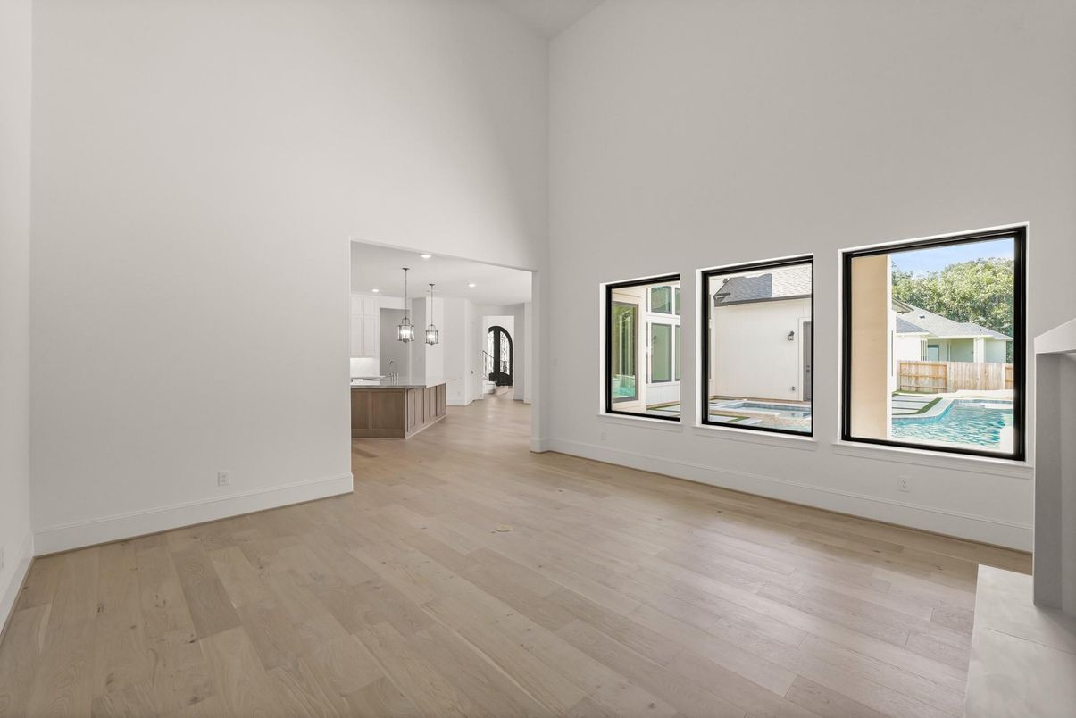 Empty room, Interior, Kitchen, Pendant Lights, Recessed Lighting, Wood Texture Flooring