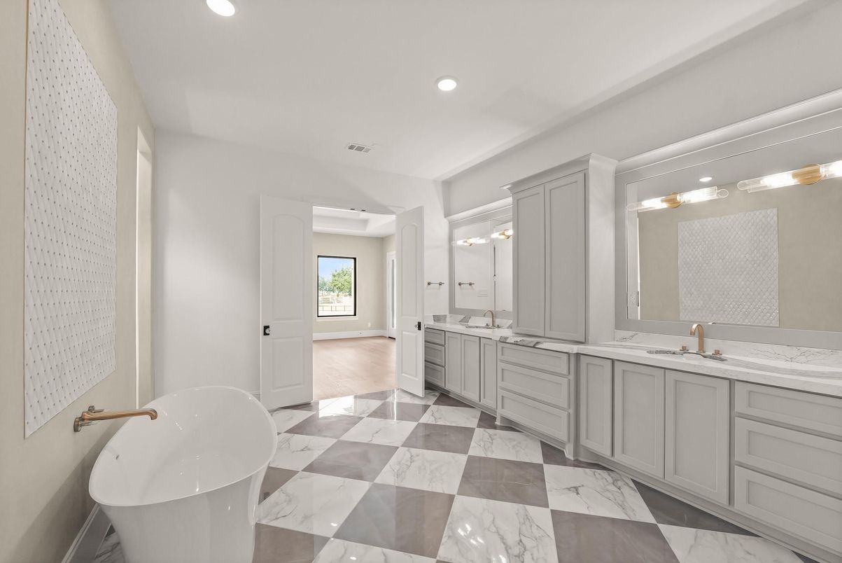 Bathroom, Dual Sink Vanities, Free Standing Baths, Interior, Marble, Recessed Lighting