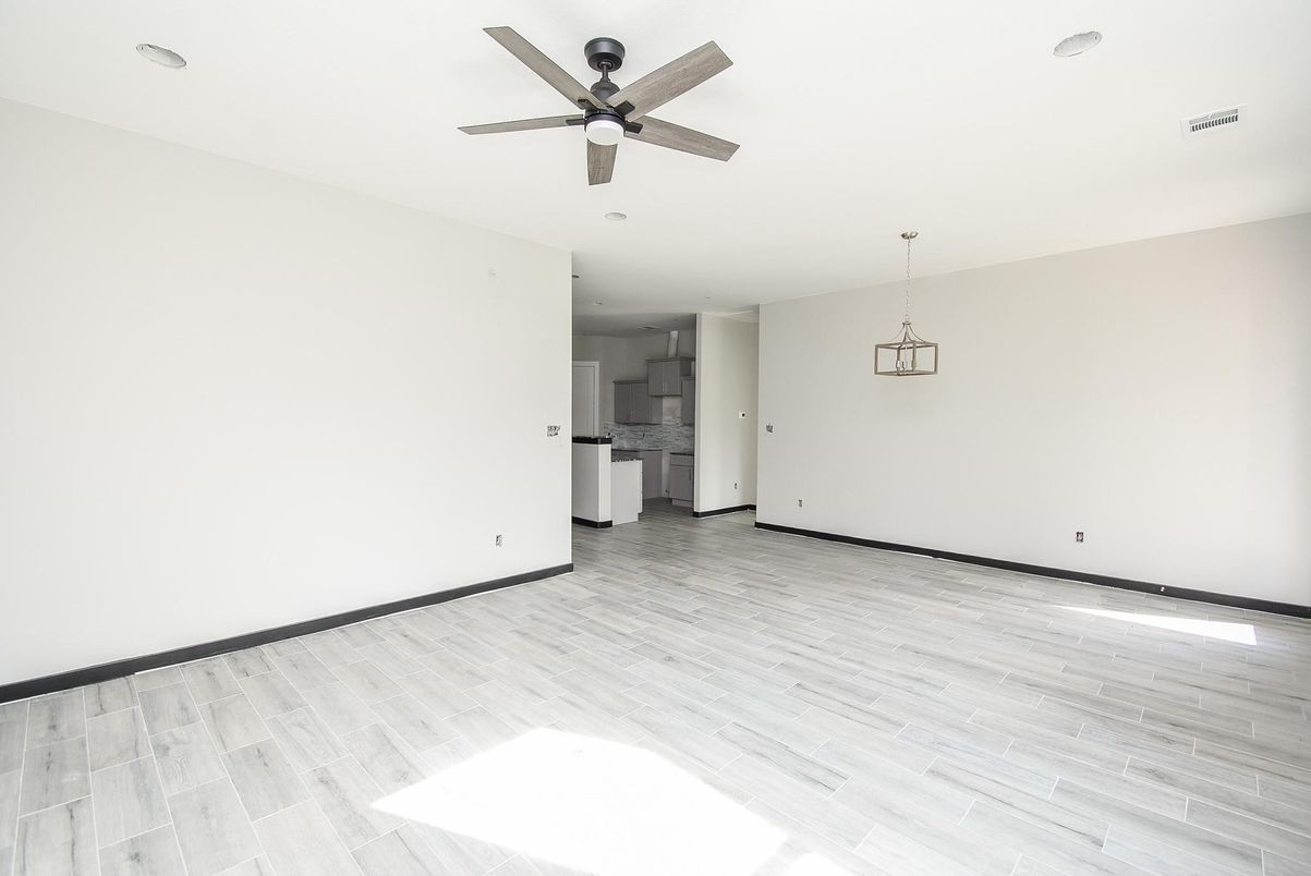 Empty room, Interior, Kitchen, Pendant Lights, Wood Texture Flooring