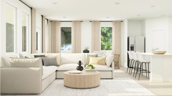 Dining room, Interior, Living room, Recessed Lighting, Wood Texture Flooring