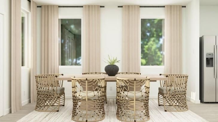 Dining room, Interior, Recessed Lighting, Wood Texture Flooring