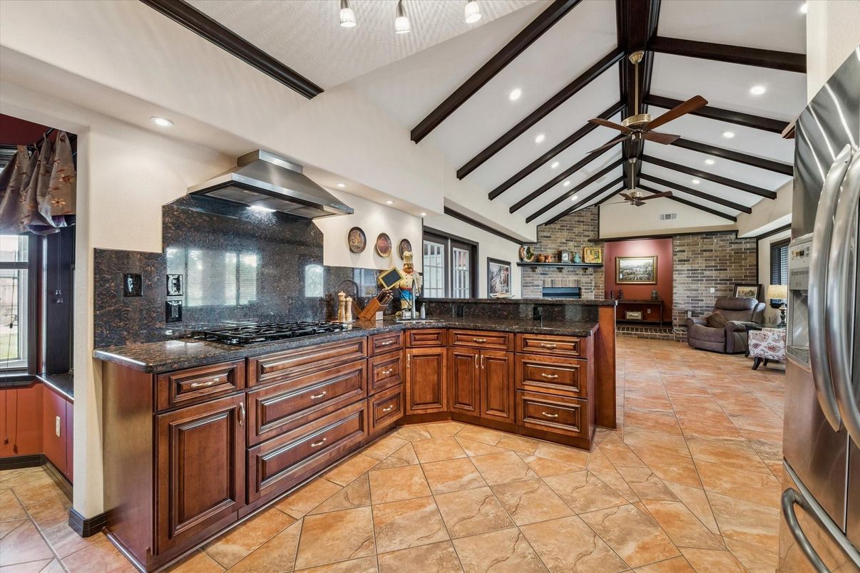 Interior, Kitchen, Recessed Lighting, Stone Walls, Wooden Beams