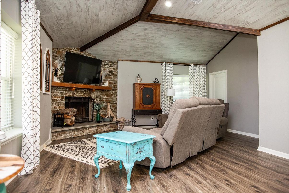 Fireplace, Interior, Living room, Stone Walls, Wooden Beams, Wood Texture Flooring