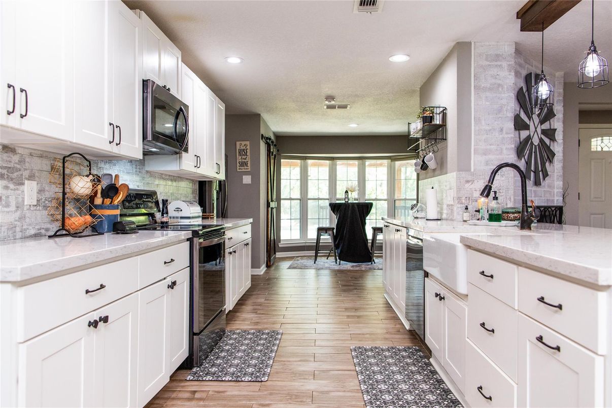 Interior, Kitchen, Pendant Lights, Recessed Lighting, Stainless Steel Appliances, Wood Texture Flooring
