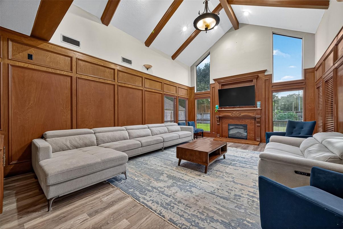 Fireplace, Interior, Living room, Wooden Beams, Wood Texture Flooring