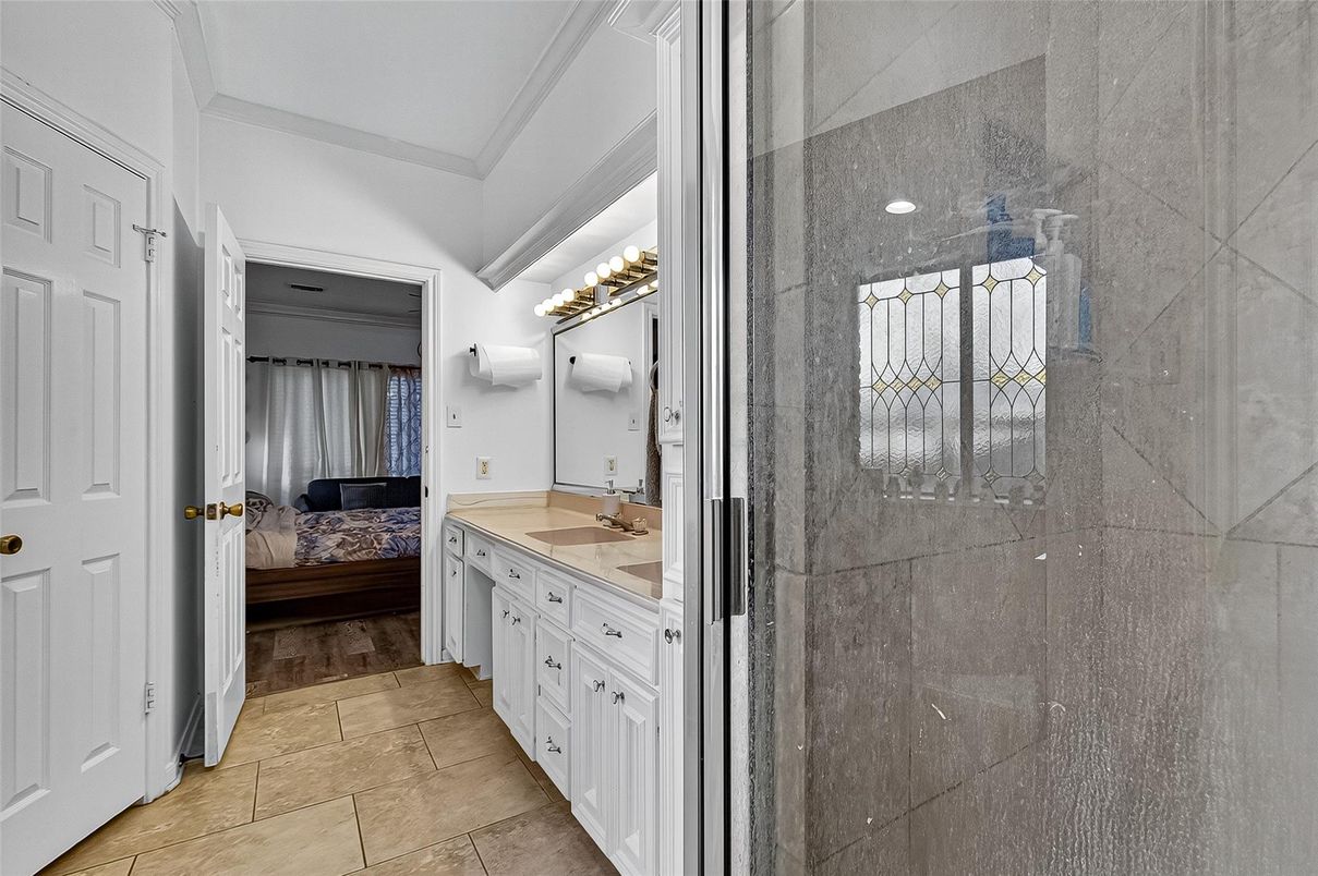 Bathroom, Bedroom, Dual Sink Vanities, Glass Shower, Interior, Wood Texture Flooring