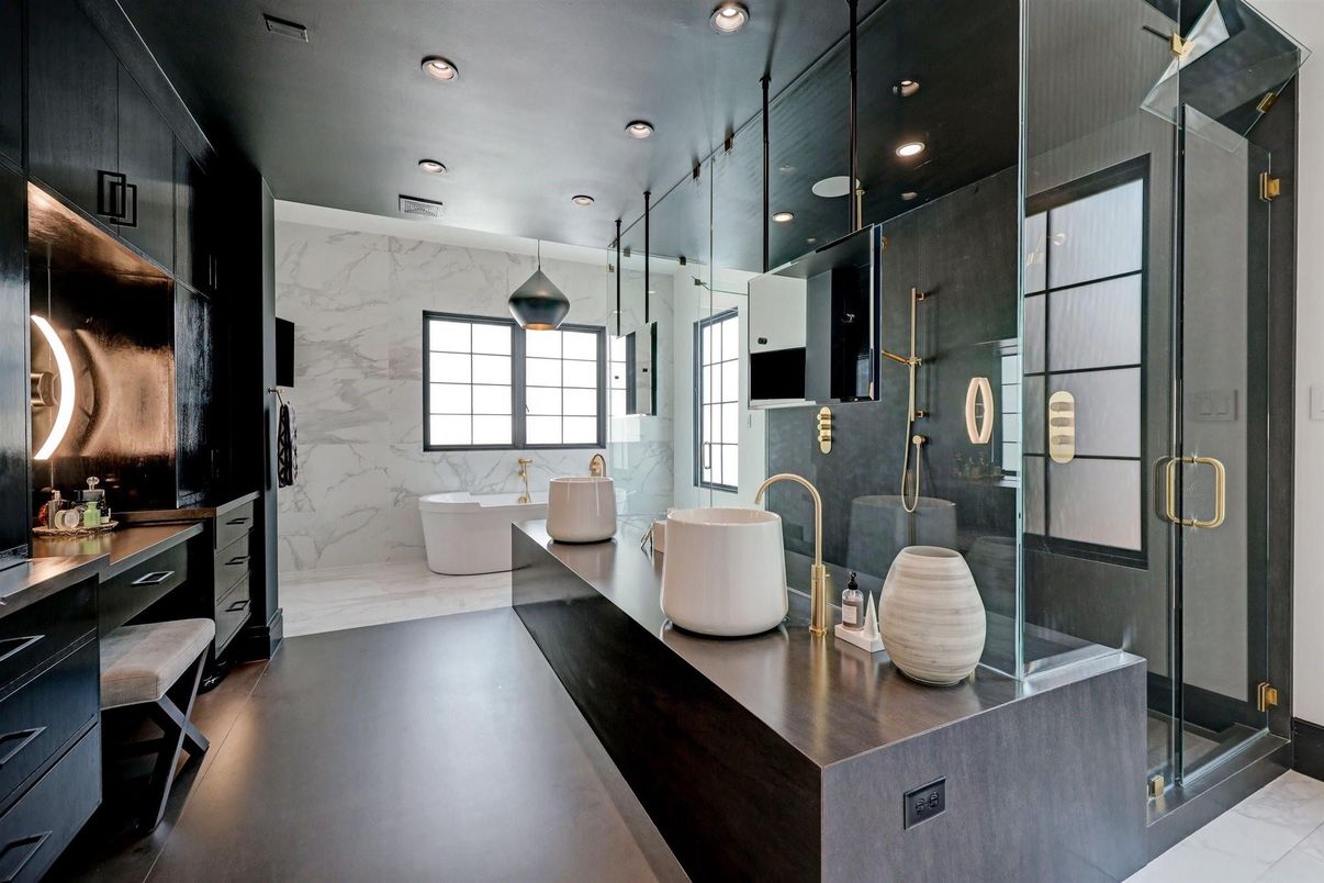 Bathroom, Dual Sink Vanities, Free Standing Baths, Glass Shower, Interior, Marble, Marble Walls, Recessed Lighting