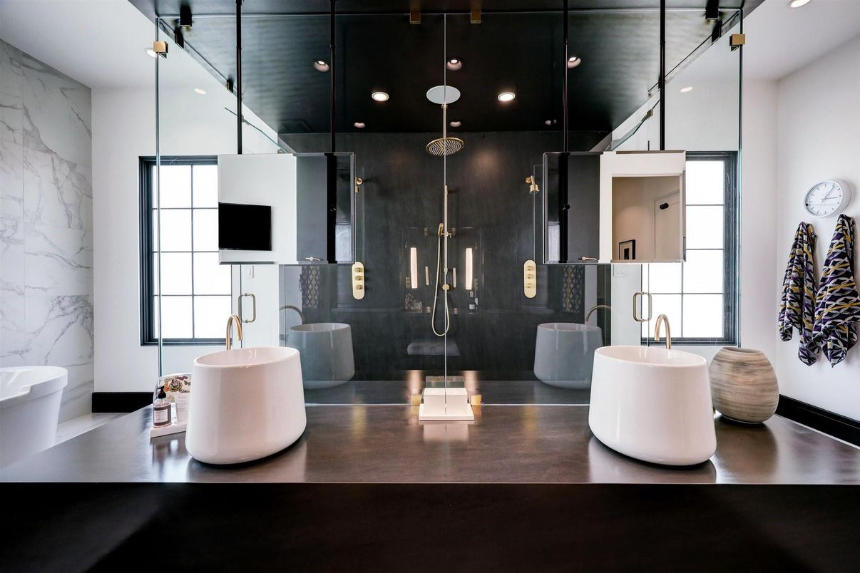 Bathroom, Dual Sink Vanities, Free Standing Baths, Glass Shower, Interior, Marble Walls, Pendant Lights, Recessed Lighting