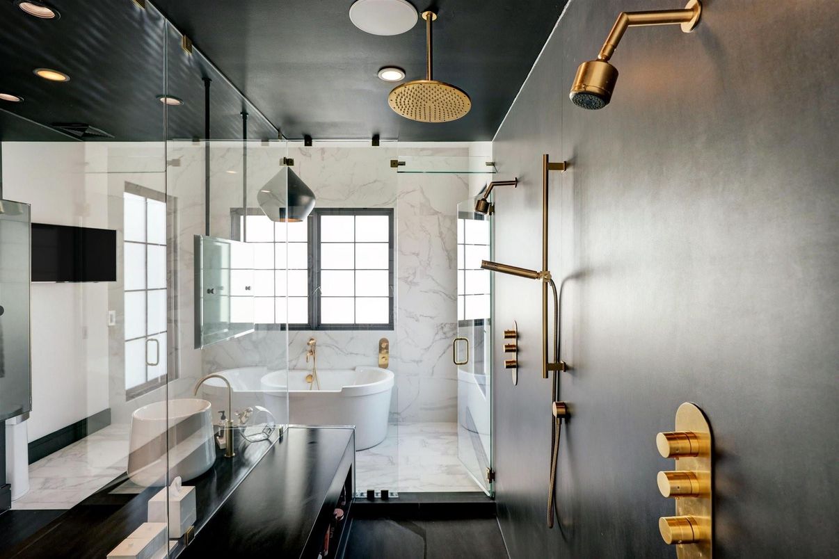 Bathroom, Free Standing Baths, Glass Shower, Interior, Marble, Marble Walls, Recessed Lighting