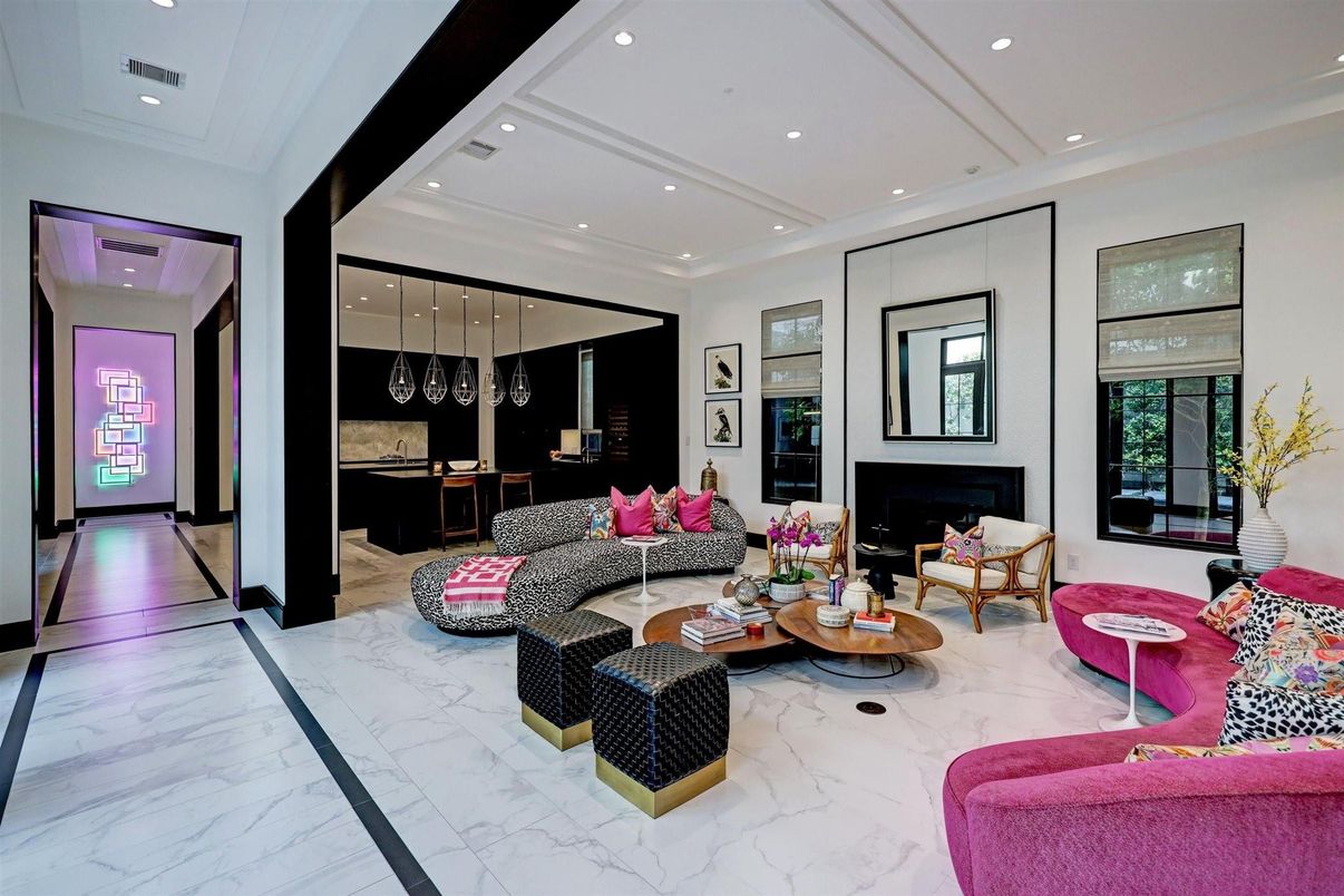Fireplace, Interior, Living room, Marble, Pendant Lights, Recessed Lighting