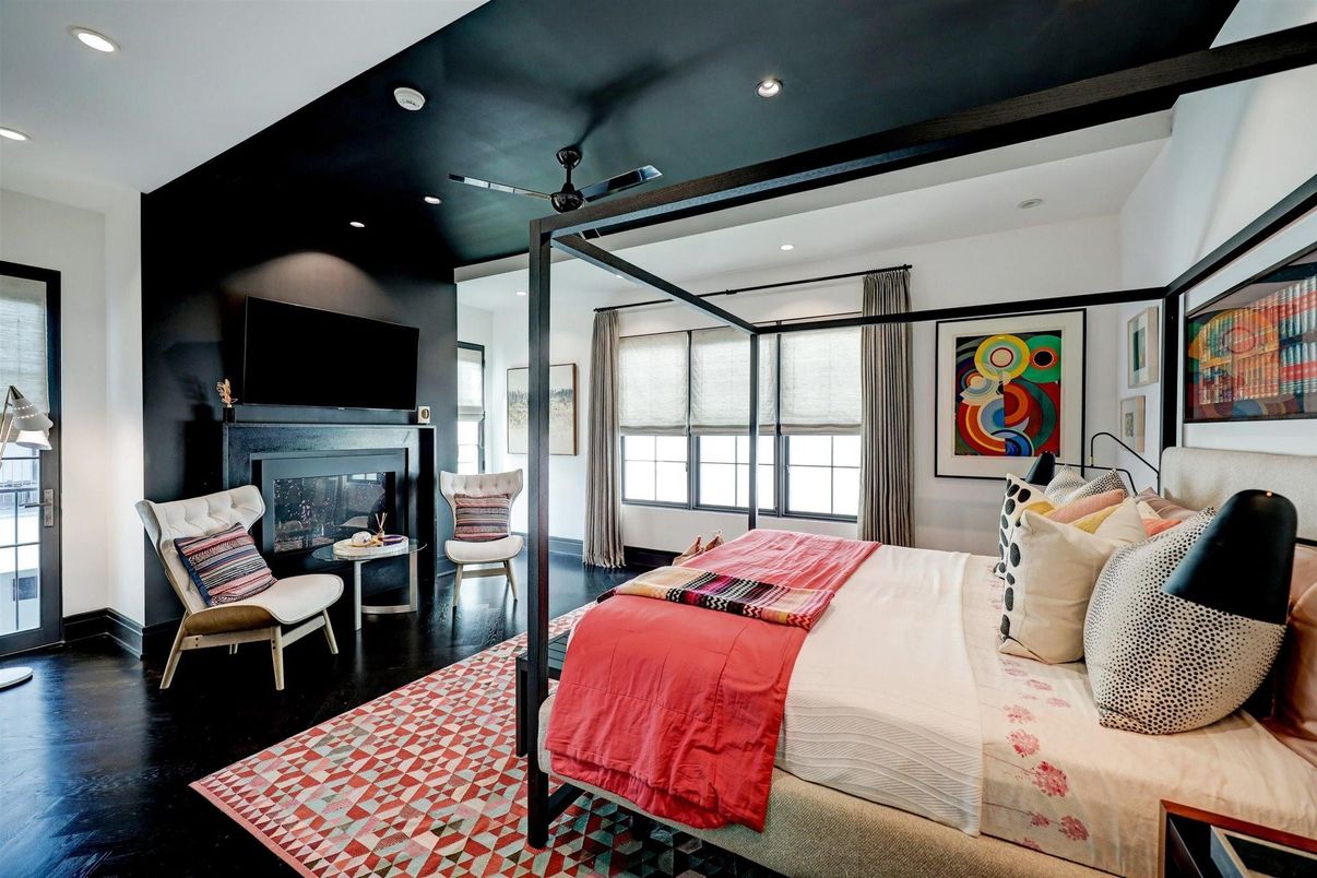 Bedroom, Fireplace, Interior, Recessed Lighting, Wood Texture Flooring