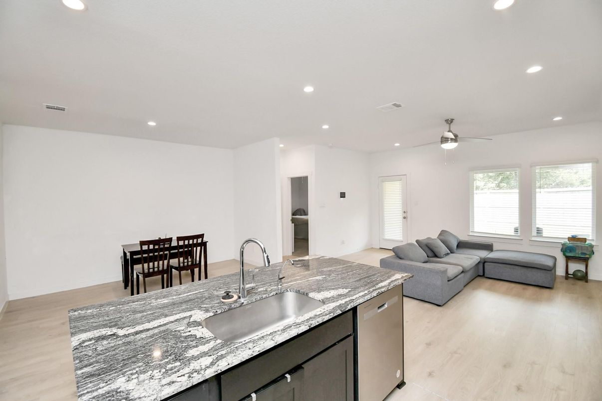 Dining room, Interior, Kitchen, Living room, Recessed Lighting, Wood Texture Flooring