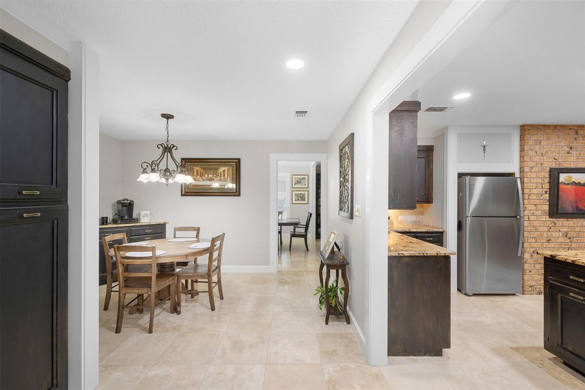 Dining room, Fireplace, Interior, Kitchen, Pendant Lights, Recessed Lighting, Stone Walls