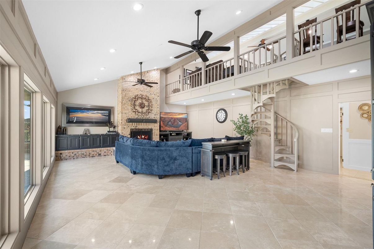 Fireplace, Interior, Living room, Recessed Lighting, Stone Walls