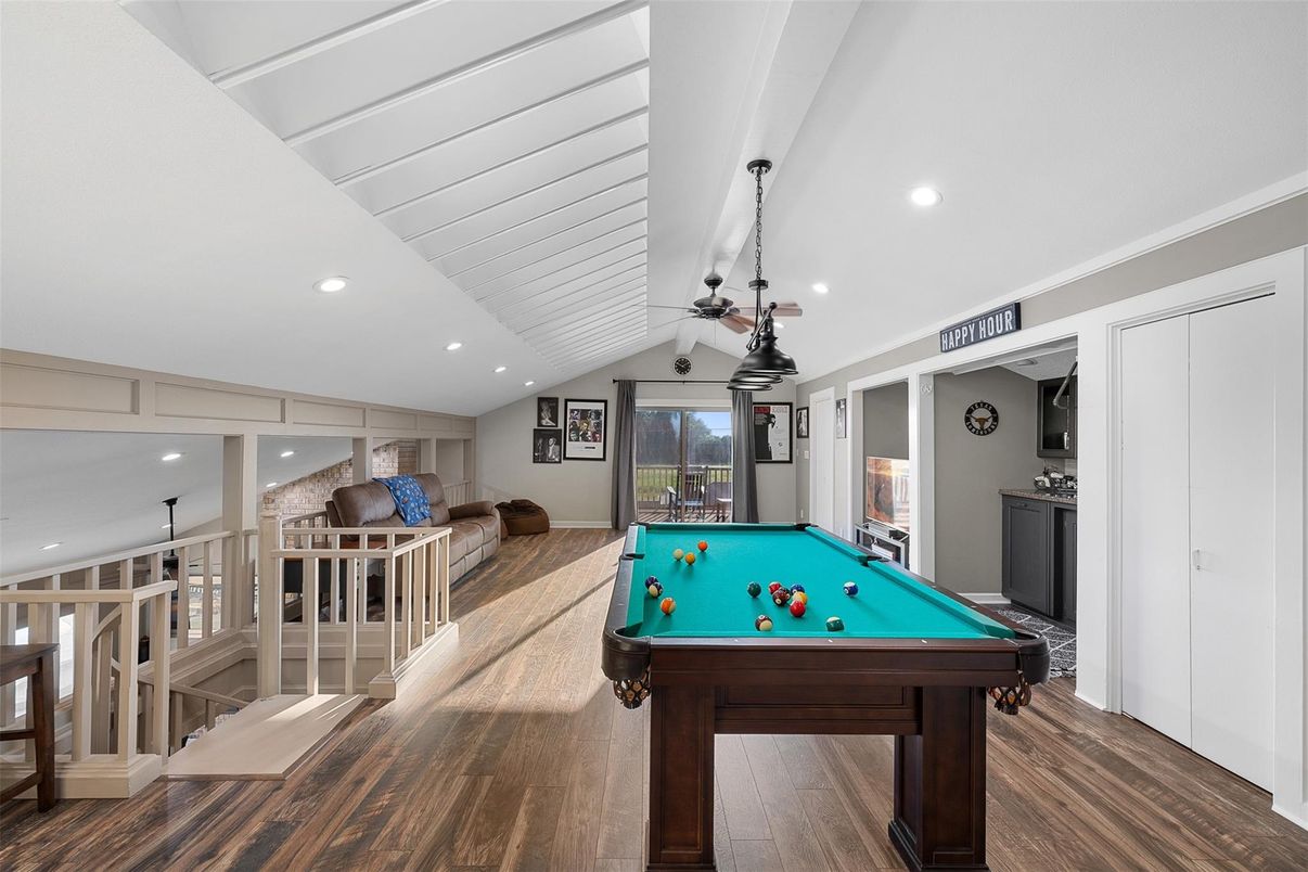 Billiard Table, Game Room, Interior, Pendant Lights, Recessed Lighting, Wood Texture Flooring