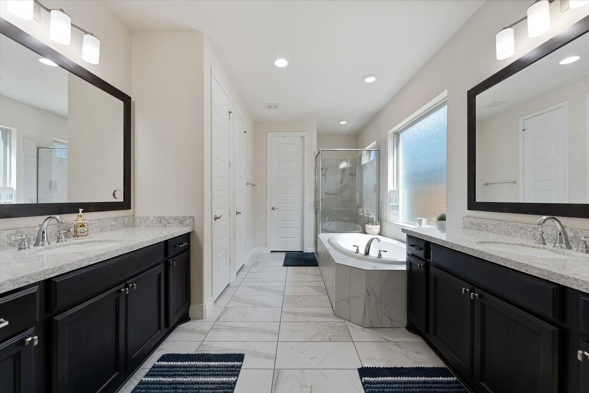 Bathroom, Dual Sink Vanities, Glass Shower, Interior, Marble, Recessed Lighting