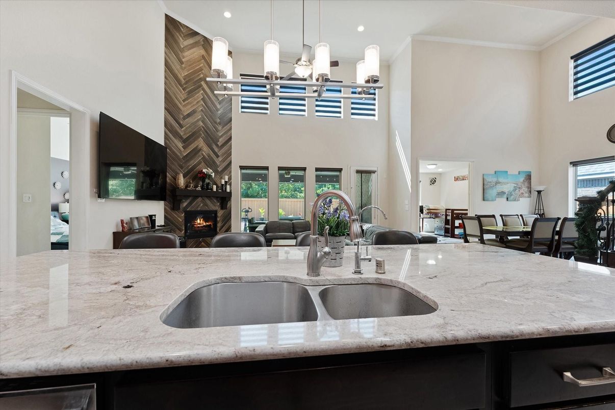 Dining room, Fireplace, Interior, Kitchen, Pendant Lights, Recessed Lighting