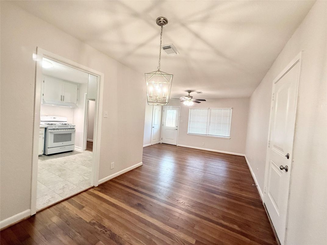 Chandelier, Empty room, Interior, Kitchen, Pendant Lights, Wood Texture Flooring
