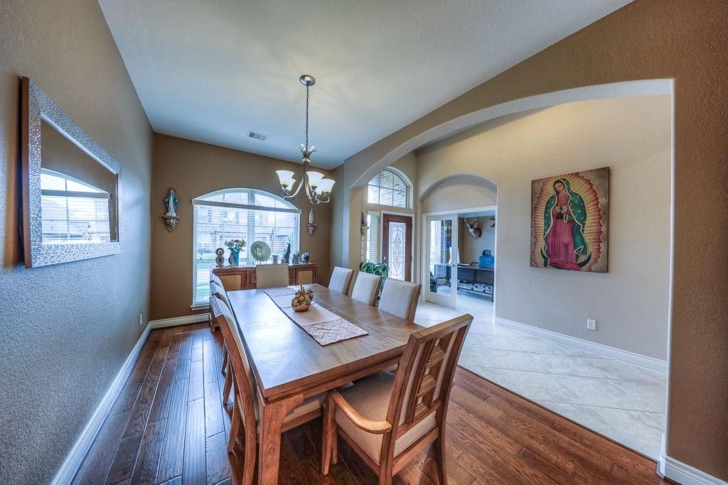 Chandelier, Dining room, Interior, Wood Texture Flooring
